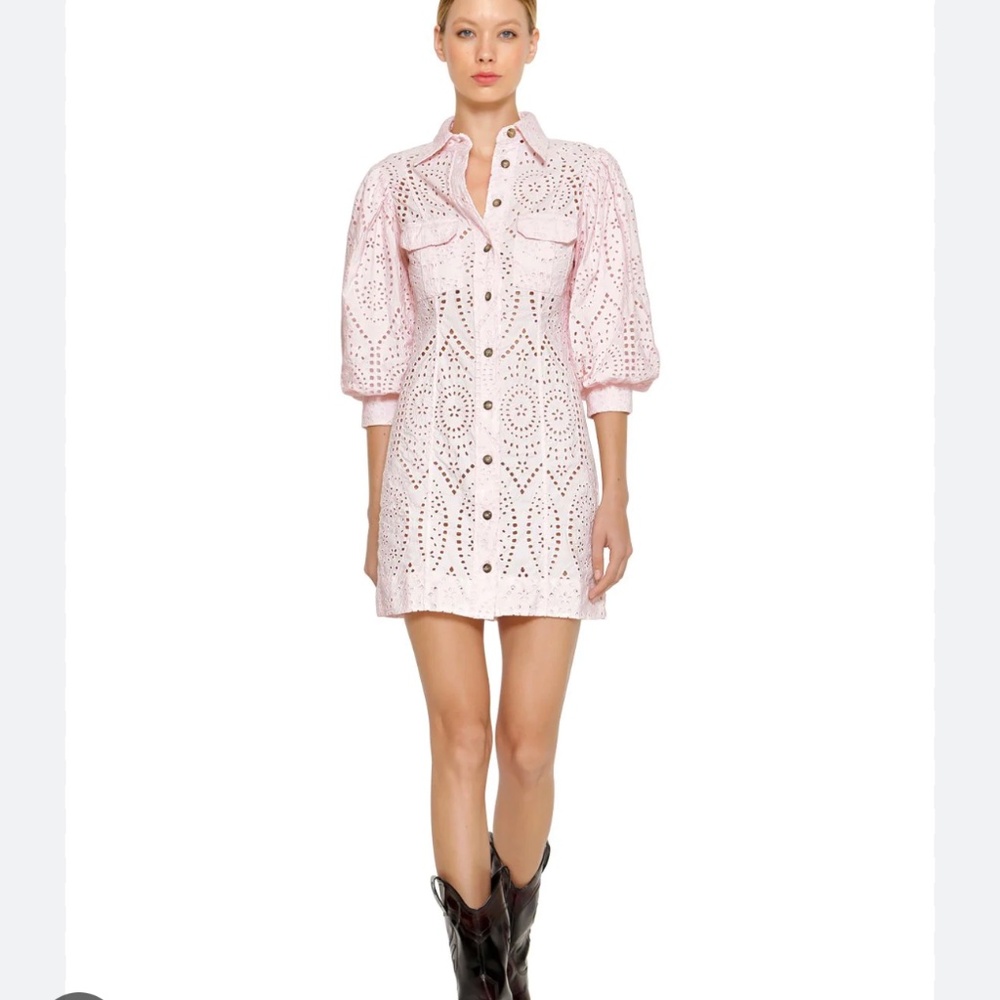 Ganni NWT broderie anglaise pink eyelet mini dress puff sleeve pink DK34 US2
